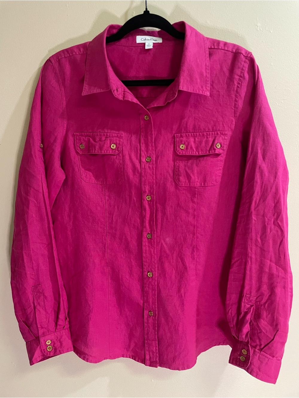 Calvin Klein 100% Linen Magenta Pink Button-Down Shirt Size M